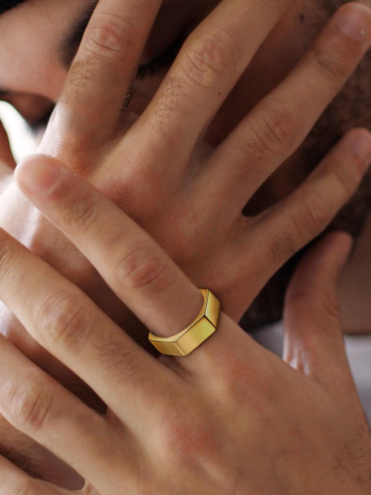 ChainsHouse Gold Hexagon Geometric Ring for Men Women, Cool Punk Hip Hop Biker Band Rings(Size 14)