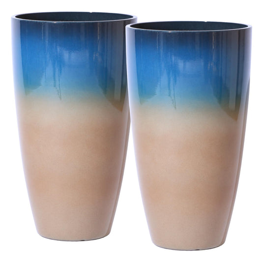 SE SUN-E Tall Planters for Outdoor Plants, Heavy-Duty Plastic Lightweight Flower Pots Blue to Khaki Gradient Garden Pots Porch Planters Outdoor Set of 2 Gifts for Plant Lovers