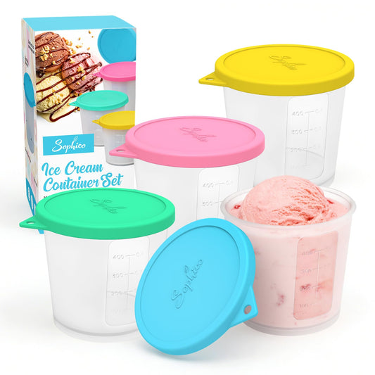 SOPHICO Ice Cream Pint Containers with Silicone Lids, Freezer Food Storage Tubs for Homemade IceCream, Meal Prep, Yogurt and Soup, Airtight & Dishwasher Safe (MEDIUM, 4 Pack)