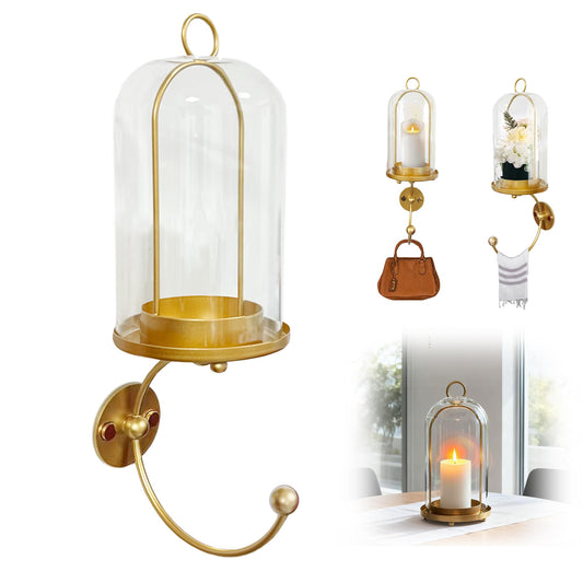 MAUYAR Metal Wall Hurricane Glass Candle Sconce Holder for Pillar Candle & Plant, Modern Farmhouse Decor Candle Lantern with Hand Towel Rack (Gold)