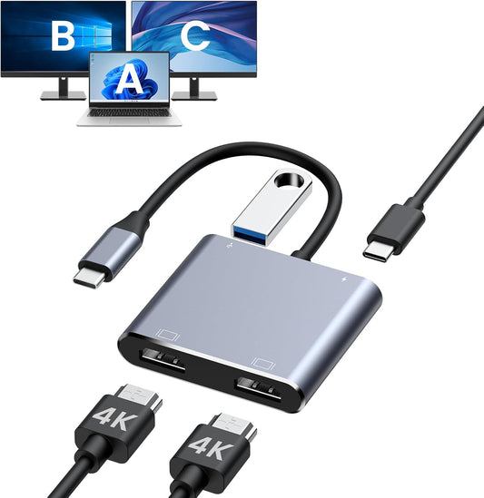 BAOZEE 4K@60Hz 100W 3 USB C to Dual HDMI Adapter, HDMI Splitter for Dual Monitors Extended Display, PD Charging, USB-A