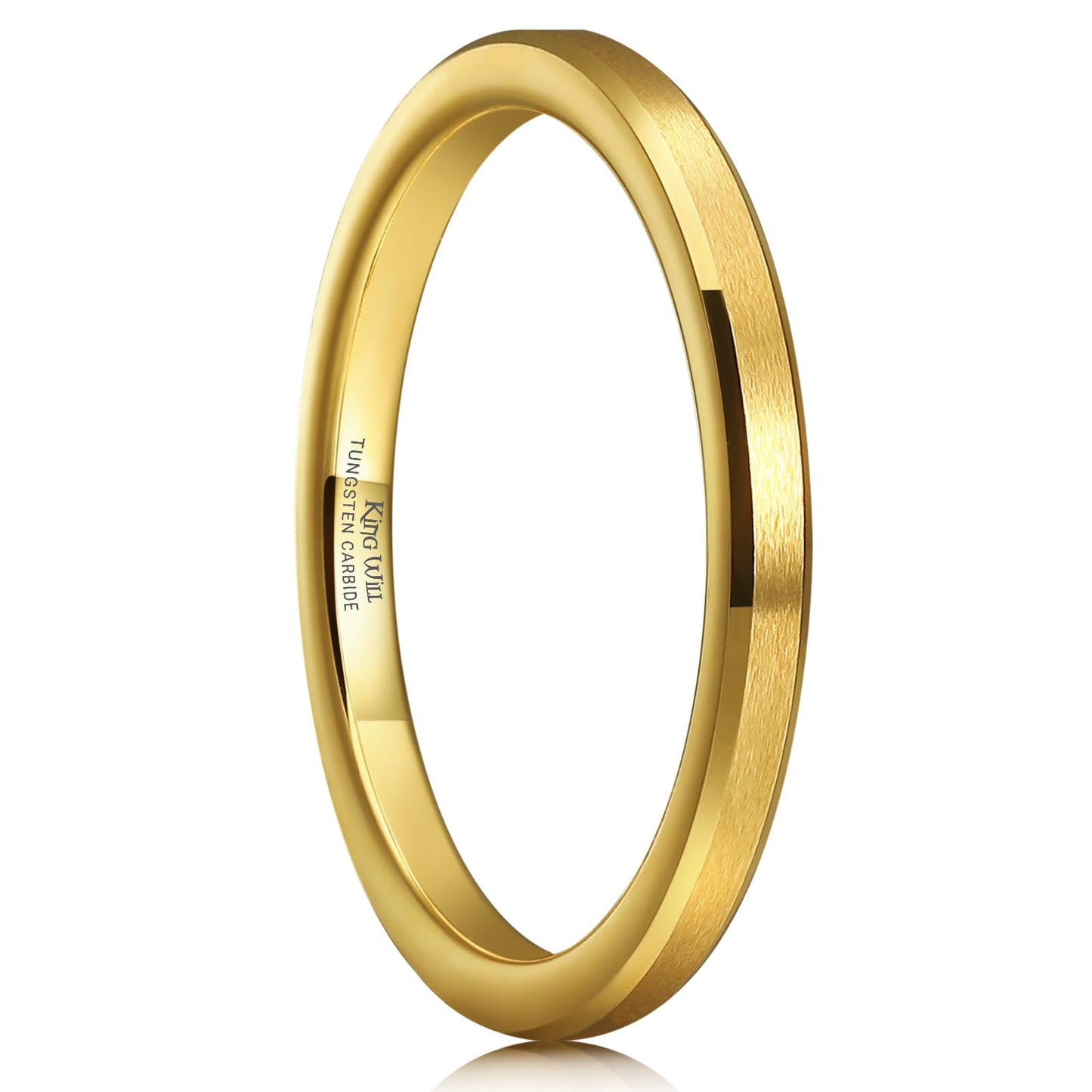 King Will 2mm Gold Tungsten Men's Wedding Band - Brushed Matte Finish, Beveled Polished Edge, Comfort Fit Size 12