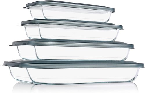 KOMUEE Glass Baking Dish Set - 8 Pieces Rectangular Bakeware with Lids for Lasagna & Leftovers | Gray