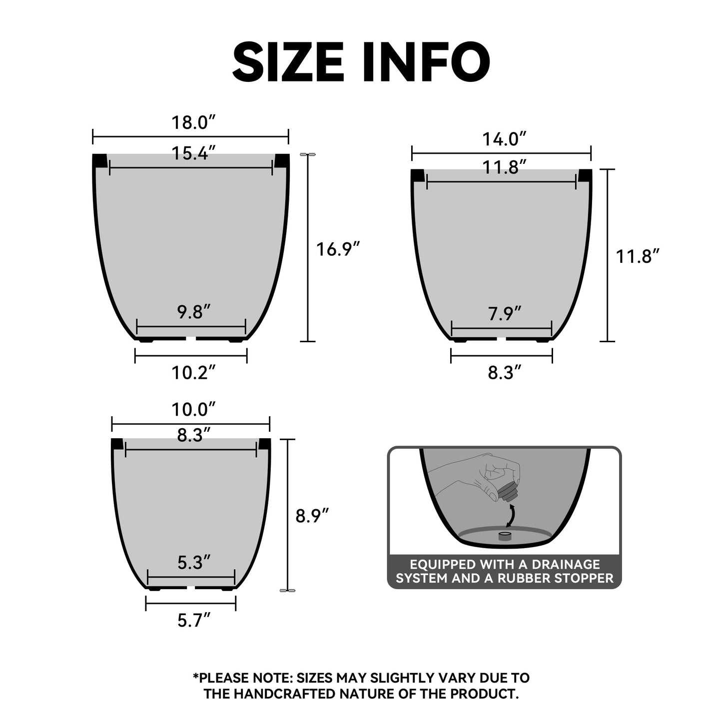 Kante Round Concrete Planter Set of 3, Large Outdoor Indoor Plant Pots with Drainage Hole, 10/14/18-Inch Diameter Flower Pots for Patio, Garden and Home, Light Gray