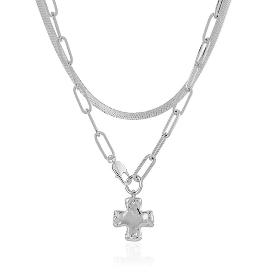 Bheop Chunky Cross Necklace for Women Trendy Silver Layered Statement Cross Pendant Charm Necklace Vintage Paperclip Herringbone Snake Choker Chain Costume Jewelry Set Gift Non Tarnish