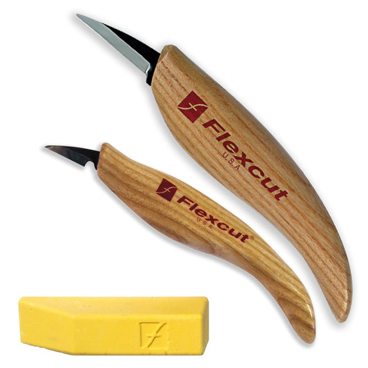 Flexcut Whittler’s Knife Kit (KN300) 2-Piece Set with KN13 & KN27 High-Carbon Steel Blades, Ergonomic Ash Wood Handles, Gold Polishing Compound, 5.2 oz, Made in USA