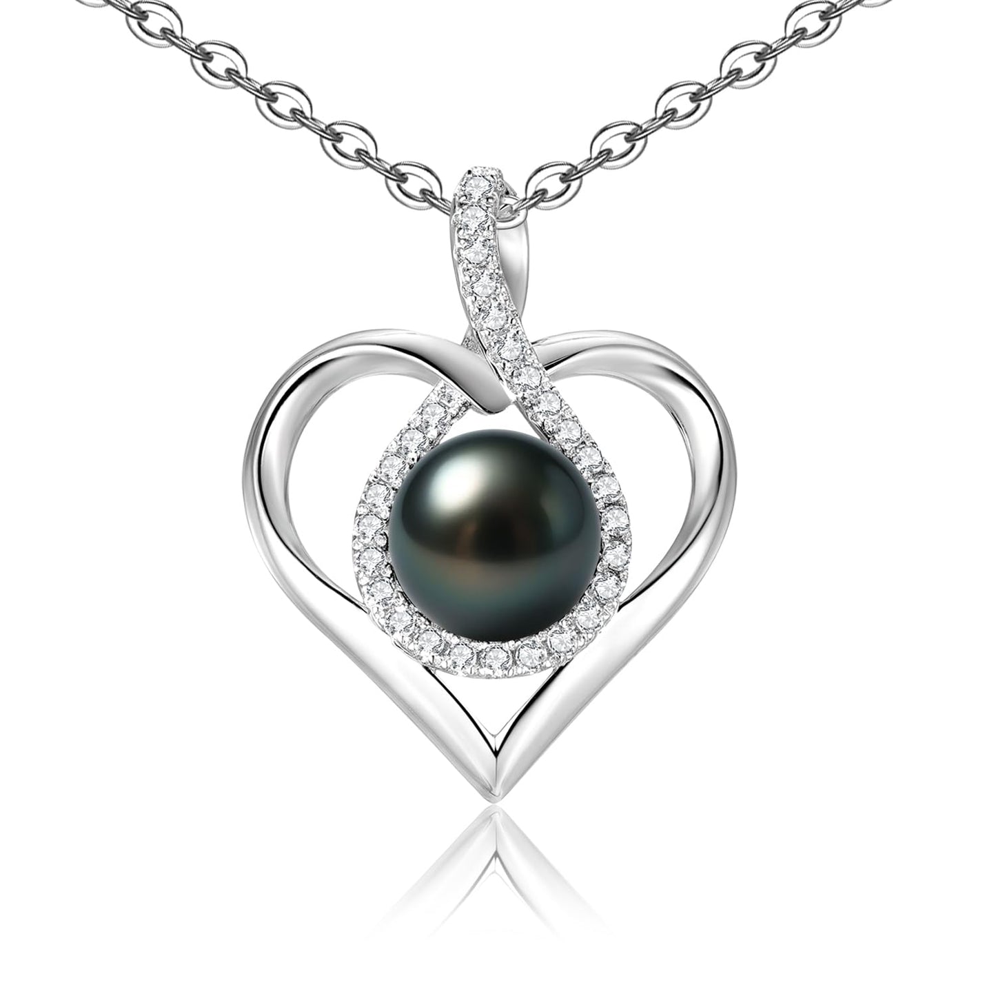 Genuine Tahitian Black Pearl Necklace - Christmas Gift for Wife Mom Daughter, Jewelry Gifts for Wedding Anniversary Birthday, 8-9mm Seawater Pearl with Sterling Silver Moissanite Infinity Love Pendant