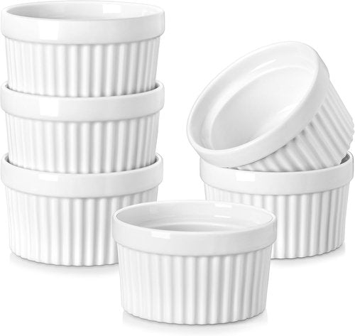 MALACASA Ramekins - 6 oz Oven Safe Porcelain Baking Cups for Creme Brulee & Pudding | Set of 6 White