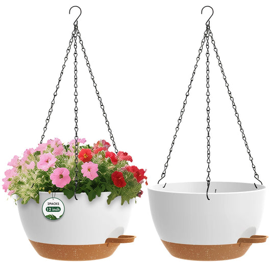 2 Pack 12 Hanging Flower Pots with Chains Self Watering Plastic Planters for Indoor Outdoor Plants, Sturdy Triangular Iron Chain Design for Garden PorchPlastic hanging flower pots (2, White-brown)