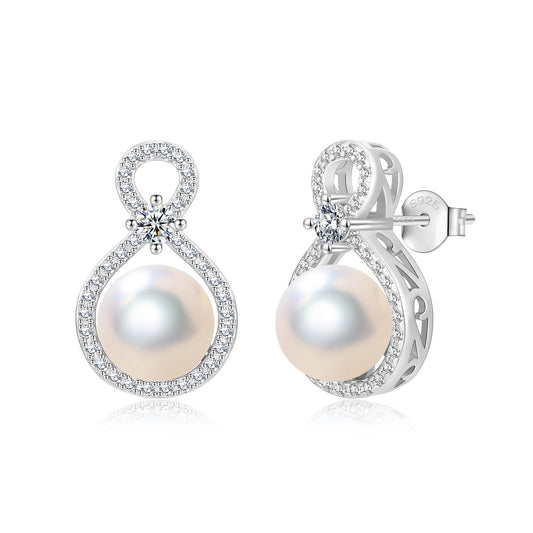 BAMIKI S925 Sterling Silver Infinity Pearl Earrings Stud for Women, Genuine Quality 8-8.5mm Round Akoya Cultured White Pearls, Hypoallergenicity Jewelry Gifts for Mother Wife Bridal
