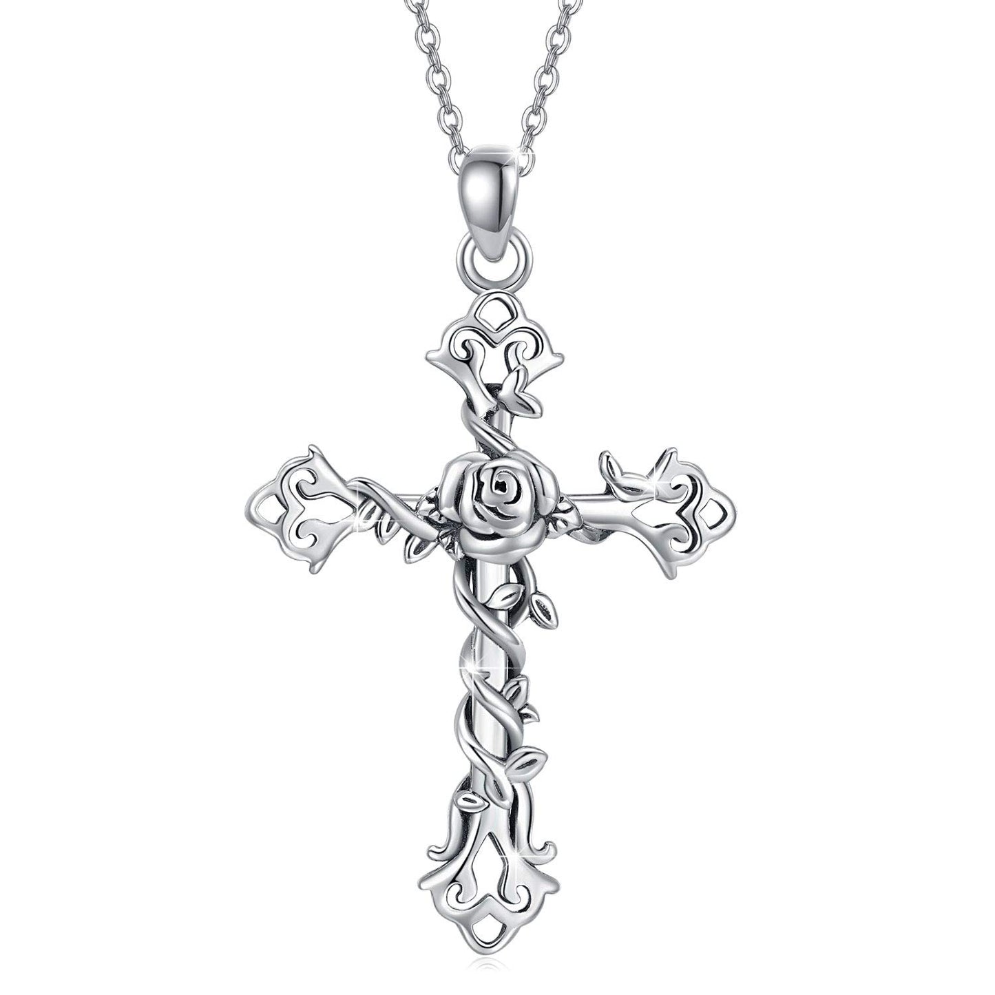 Cross necklace 925 Sterling Silver Rose Crose Pendant Necklace Cross Necklace for Women (A-Rose Cross Necklace) (Rose Cross Neckalce 1)