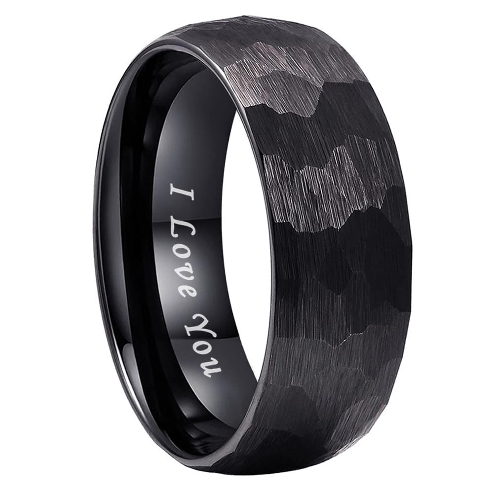 TUTISS 8mm Black Hammered Tungsten Carbide Rings for Men Women Engagement Wedding Bands Domed I Love You Engraved Comfort Fit Size 7