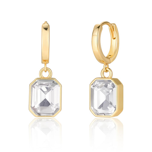 Birthstone Crystal Dangle Drop Earrings, 18K Gold Plated Huggie Hoop Hypoallergenic Earring Jewelry Gifts for Women (White)