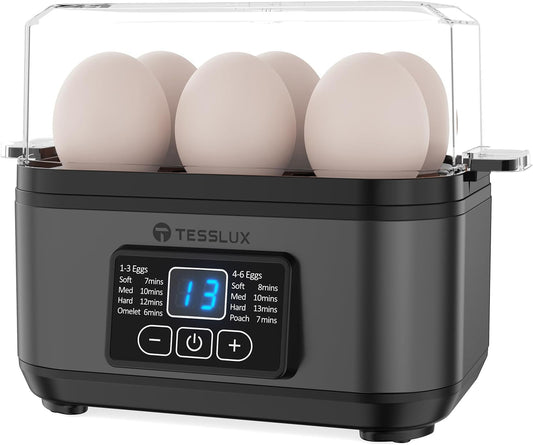 Tesslux Electric Egg Cooker - 6 Egg Capacity for Hard Boiled, Poached, Scrambled Eggs | Auto Shut Off (Gray)