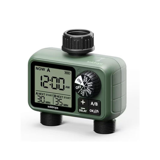 Soildrops Sprinkler Timer for Garden Hose, Programmable 1 or 2 Outlet Controller with Self-Cleaning Valve, 15-Day Frequency, Large Dial, Rain Delay & Auto-Off, IPX5
