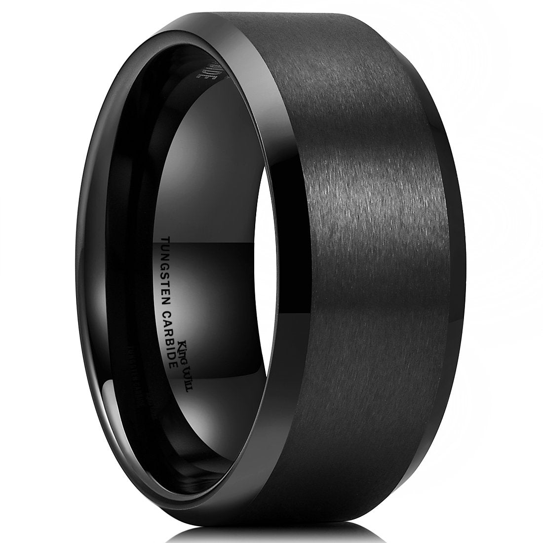 King Will 10mm Men's Black Wedding Ring - Brushed Matte Surface, Beveled Polished Edge, Comfort Fit Size 9.5