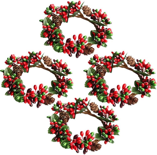 PRETYZOOM Christmas Candle Rings - 4Pcs Artificial Berry Mini Wreaths for Pillar Candles | Holiday Table Decor