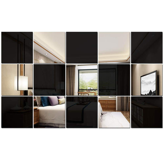 Betinyar 15 Pieces Removable Square Acrylic Mirror Wall Decor, Self-Adhesive Mirror Wall Sticker Decal, Non-Glass Mirror Stickers for Home Living Room Bedroom Decor (Black,Silver)