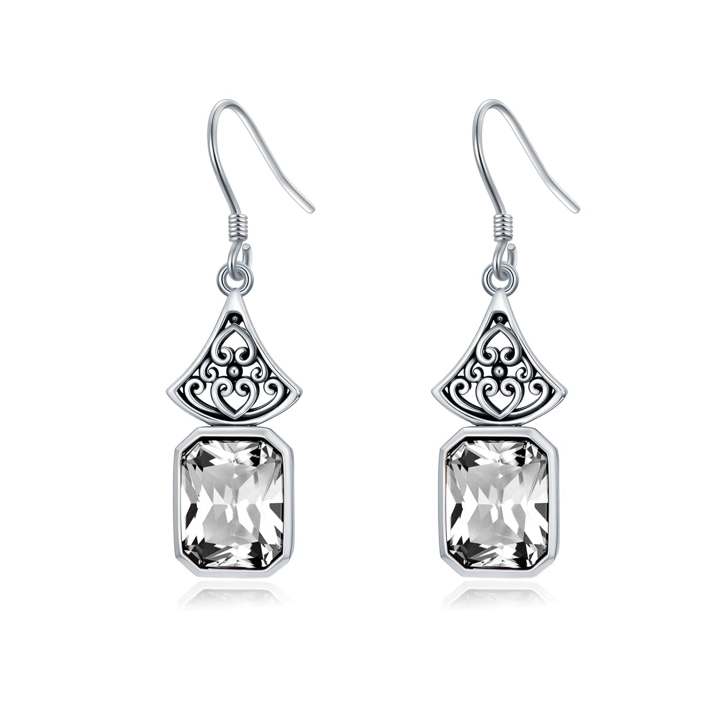 Vintage Earrings 925 Sterling Silver Oxidized Dangle Drop Earrings with Emerald Cut White Crystal April Birthstone Anniversary Jewelry Gifts for Women