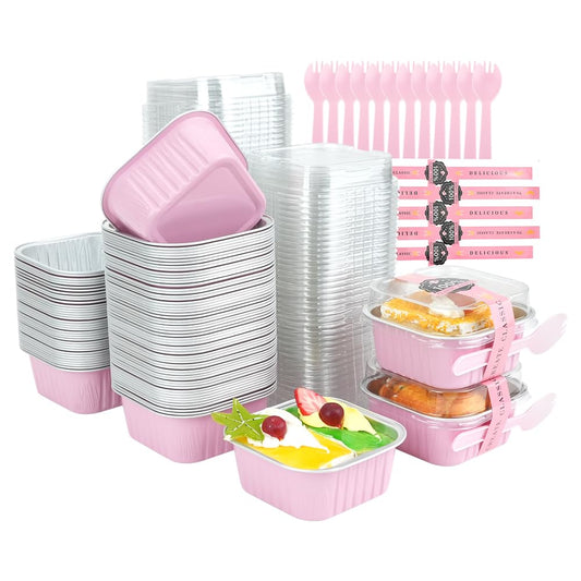 RETON 100 Pcs Mini Cake Pans with Lids Sporks and Stickers, 5oz Aluminum Foil Square Baking Cake Cups, Individual Cupcake Containers Foil Ramekins for Brownies Dessert Party Wedding Birthday (Pink)
