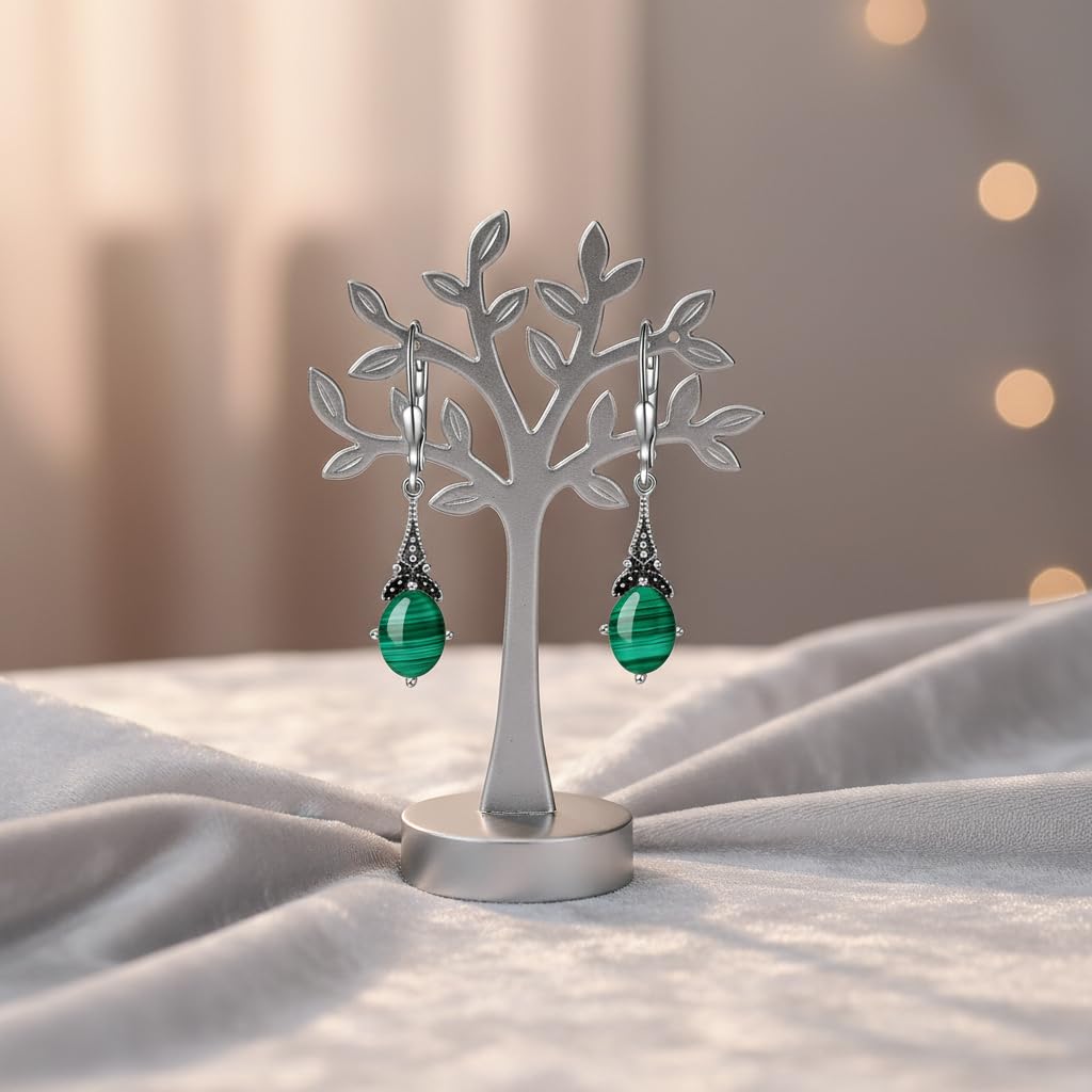 Natural Green Malachite Earrings 925 Sterling Silver Vintage Retro Leverback Dangle Drop Earrings Birthday Jewelry Gifts for Women