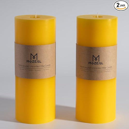 MOZEAL 4" x 10" Extra-Large Yellow Pillar Candles (Set of 2), Unscented,Dripless, Smokeless,Long Clean-Burning,These Tall 10 inch Large Yellow Pillar Candles Perfect for Weddings and Spring Decor