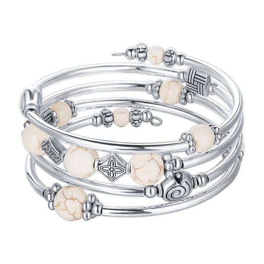 Beaded Pearl Bangle Wrap Bracelet - Fashion Bohemian Jewelry Multilayer Charm Bracelet with Thick Silver Metal Beads, Gift For Women(White Turquoise)