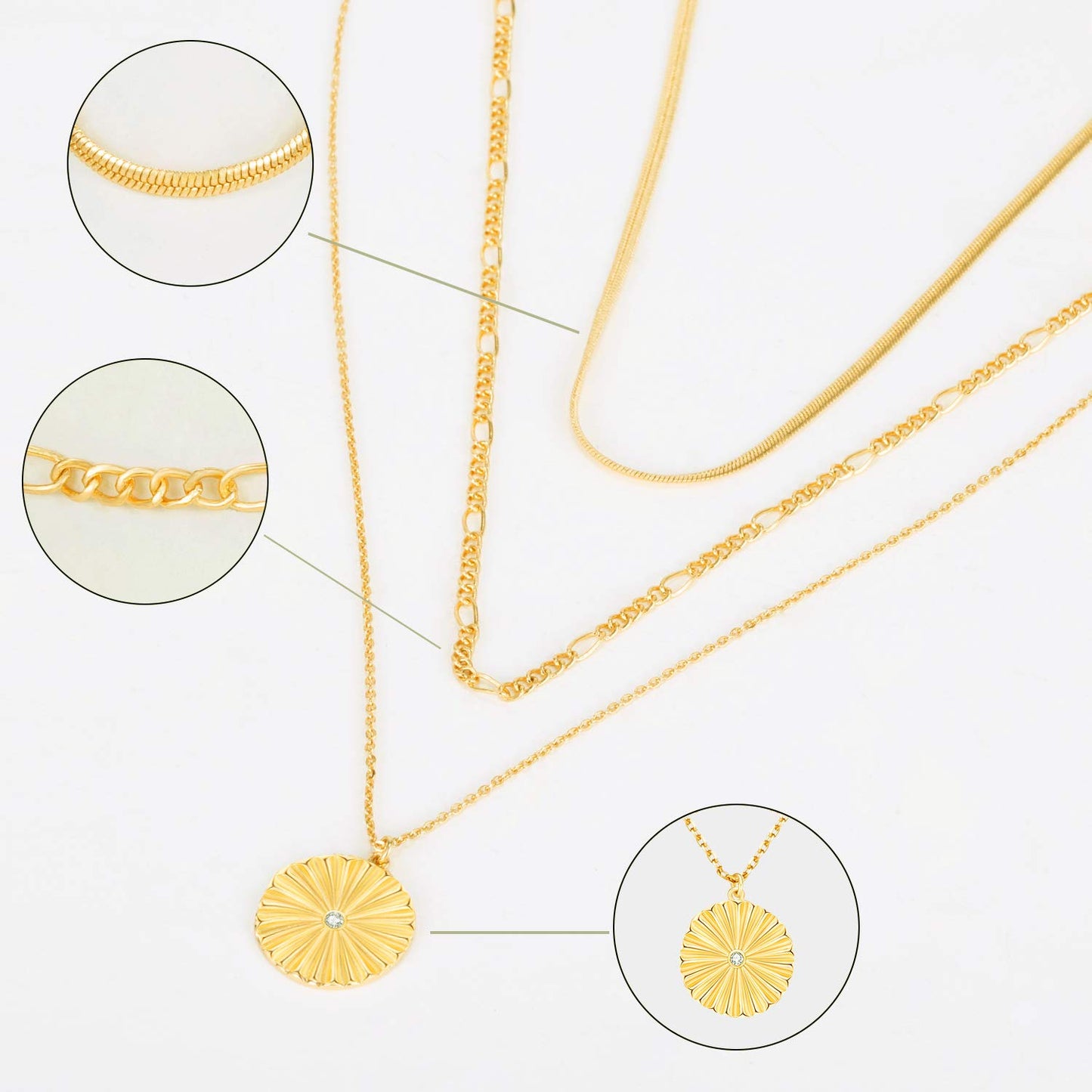 LANE WOODS Layered Necklaces for Women: 14K Gold Plated Long Necklace with Sunburst Pendant