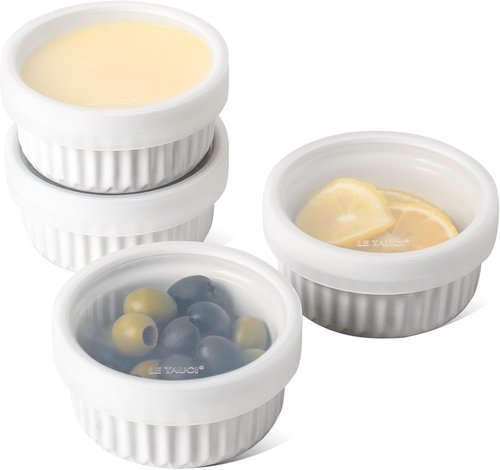 LE TAUCI Ramekins - 4 OZ Ceramic Soufflé Dishes with Silicone Lids | Oven & Microwave Safe, Set of 4, White