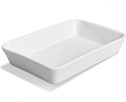 ONEMORE Ceramic Baking Dish - 9x13 Large Rectangular Casserole Pan for Lasagna & Family Meals - Ribbed White Bakeware