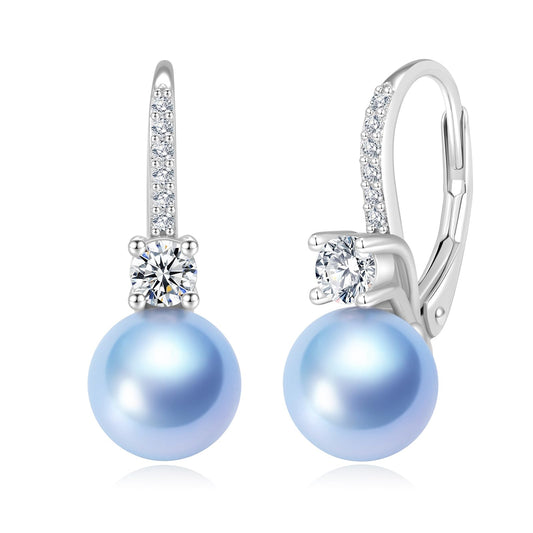 BAMIKI Blue Pearl Drop Dangle Earrings 925 Sterling Silver Cubic Zirconia Leverback Earrings, 8MM Round Saltwater Cultured Pearls Jewelry Gifts for Women Wife Mother