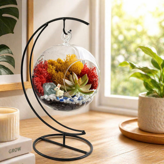 Creations by Nathalie DIY 5" DIY Globe Terrarium Kit - Build Your Own Glass Terrarium for Adults & Teens with Moss, Crystals, Tools & Decorative Figurine - Mini Ecosystem (Plant Not Included)