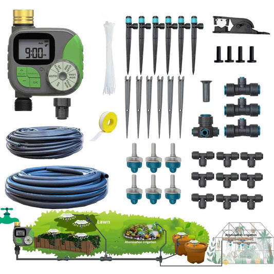 Drip Irrigation System for Garden with Water Timer Plug-in Quick Connection Drip Irrigation Kit 5/16“ID and 1/4 Inch Pipe Auto Watering System for Garden Spray, for Greenhouse, Lawn, Potted Plants