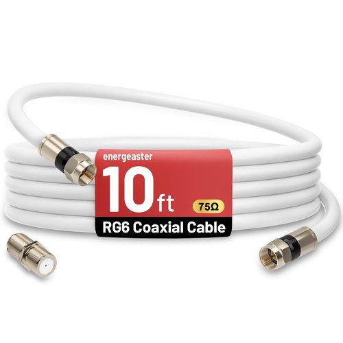 Energeaster 10FT RG6 Coaxial Cable - High-Speed F-Type Connector for Indoor Broadband & Digital TV, White
