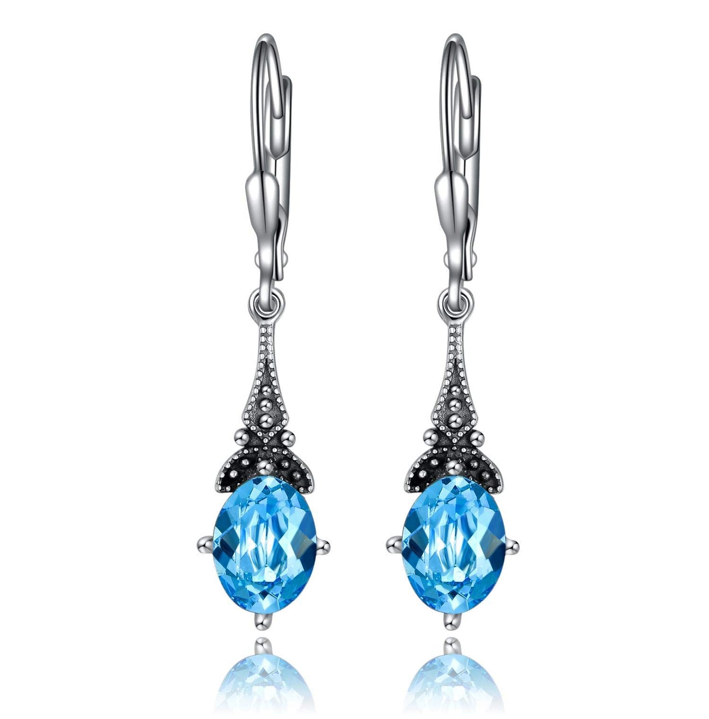 Leverback Drop Earrings Sterling Silver Retro Vintage Earrings with Oval Simulated Aquamarine, Crystal from Austria, Birthstone Earrings Gifts for Women