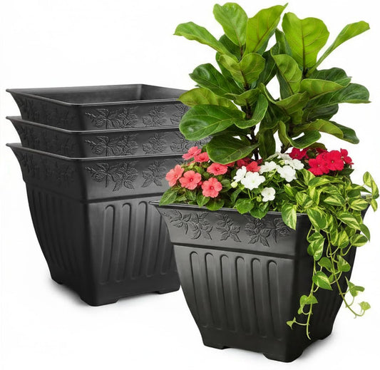 BTPLASTIK 18 inch Large Square Planter for Plants - 4 Pack Decorative Black Plastic Flower Pots with Drainage Holes & Raised Base, 14 Gallon Vintage Garden Pot for Outdoor, Patio, Porch