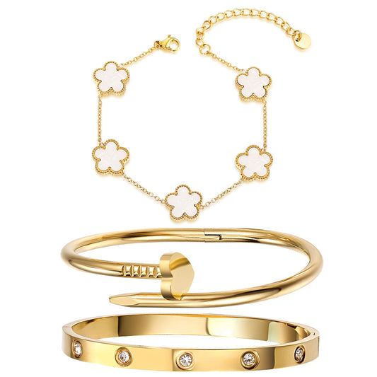 18K Gold Plated Stainless Steel Love Nail Bangle Clover Bracelet Set Stackable Dupes for Love Trendy Jewelry (Gold and White)