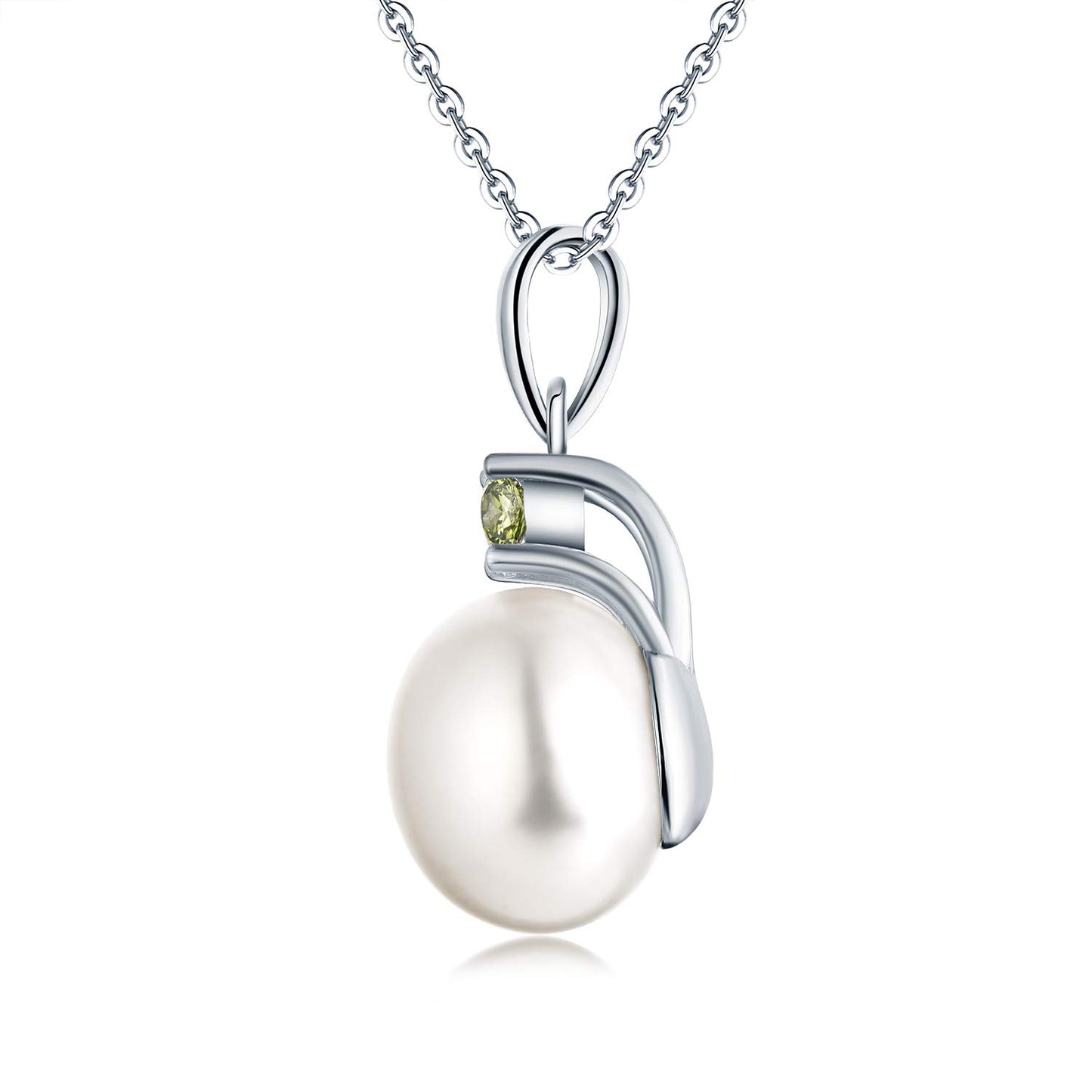 JO WISDOM Women Necklace,925 Sterling Silver Cubic Zirconia 10mm White Freshwater Pearl Pendant Necklace,August Birthstone Peridot Color