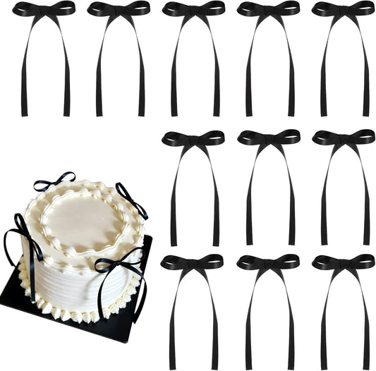 Skiennix 30 Pack Bow Cake Toppers - Elegant Black Ribbon Bows for Graduation & Wedding Decor