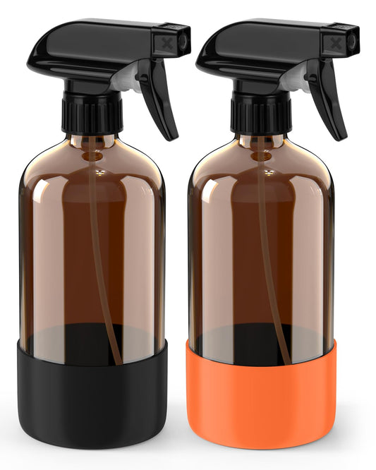 Bontip Glass Spray Bottle with Silicone Sleeve Protection, Amber Glass Spray Bottle Set for Window Cleaner Aromatherapy Facial Hydration Watering Flowers Hair Care 2 Pack/16 oz (Black & Orange, 16 oz)