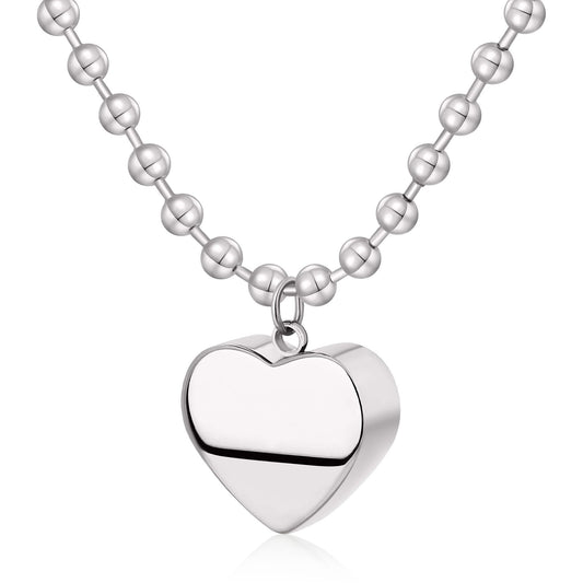 BONJOULRY Titanium Heart Necklace Silver, Chunky Heart Necklace for Women Titanium Steel Chunky Heart Necklaces Ball Beaded Chain Hypoallergenic Silver Charm Necklace Jewelry Gift for Women