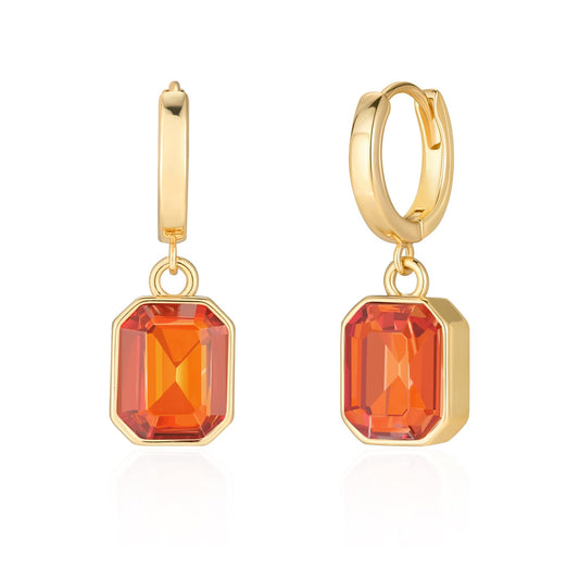 Birthstone Crystal Dangle Drop Earrings, 18K Gold Plated Huggie Hoop Hypoallergenic Earring Jewelry Gifts for Women (Orange)