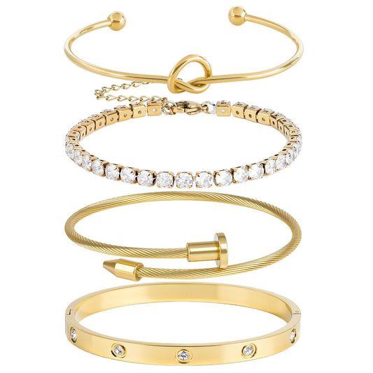 18K Gold Plated Love Nail Bangle Bracelet Set, 4pcs Stackable Stainless Steel Bangles for Wife Mom Girlfriend Daughter