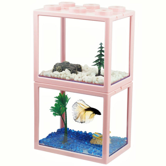 2 Pack Sea Monkey Fish Tank, Mini Betta Fish Tank Stackable Aquarium Tank Kit with Aquarium Gravel & Micro Landscape, 0.6 Gallon Acrylic Fish Bowl Tiny Shrimp Tank for Baby Fish Crab Moss Ball