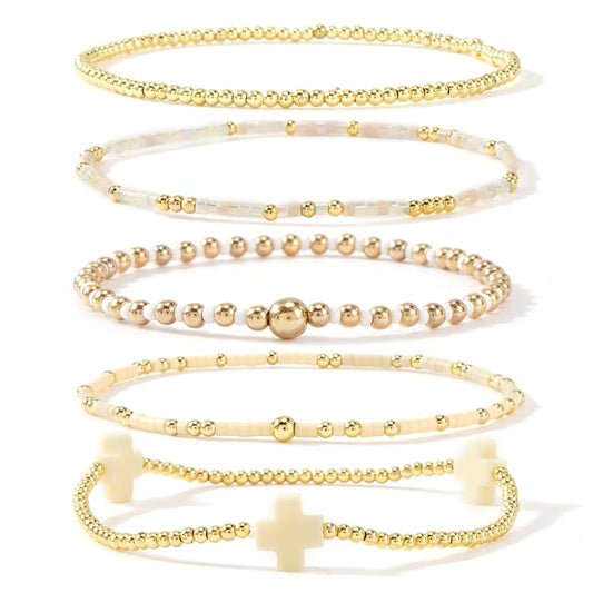 Bohxantium Gold Beaded Cross Bracelets for Women Dainty 14K Gold Plated Beads Ball Yellow Stretch Stackable Non Tarnish Bracelet Stack Boho Christian Jewelry Accessories Birthday Prom Friendship Gift