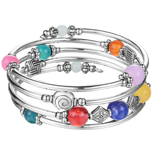 Beaded Pearl Bangle Wrap Bracelet - Fashion Bohemian Jewelry Multilayer Charm Bracelet with Thick Silver Metal Beads, Gift For Women(Colorful)