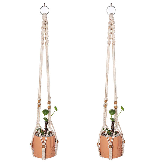 Beciway 2-Pack Macrame Plant Hangers with Wood Beads – 34 Inch White Hanging Planters, Boho Indoor Outdoor Flower Pot Holders, No Tassels (Pots Not Included)