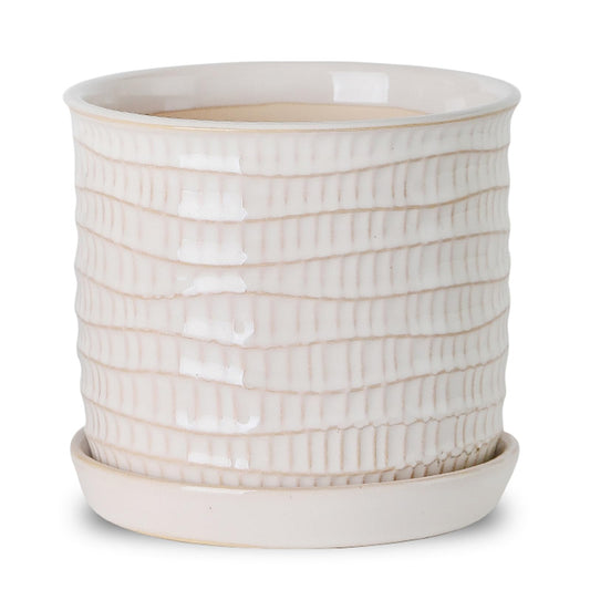 Chubacoo 5.8 Inch Plant Pot: Ceramic Planter with Drainage Hole & Saucer for Indoor Outdoor Plants - Flowerpot with Bonded Tray for Home Office - Wave Embossed