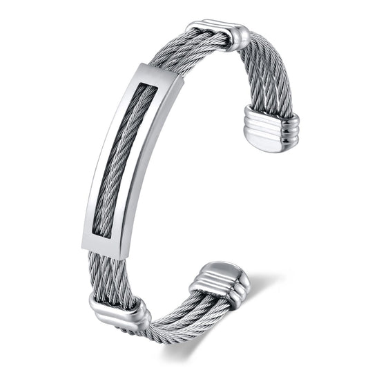 BIYONGDE Mens Stainless Steel Twisted Cable Cuff Bracelet, Open Bangle Bracelet for Unisex, Classic and Urban Style (Silver Color)