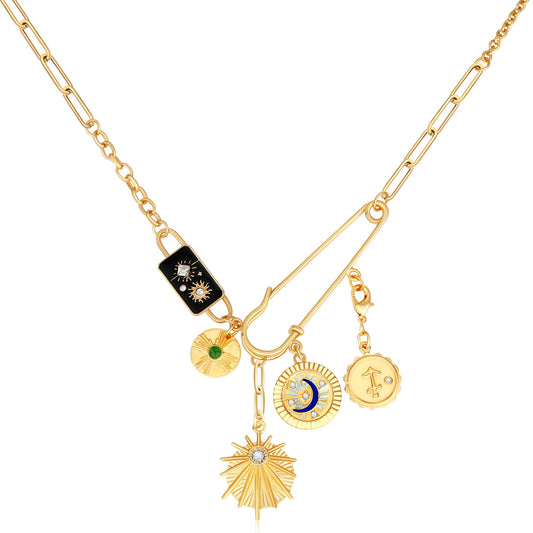 BONJOULRY Charm Necklace for Women Gold Safety Pin Necklace Sun Moon Star Coin Celestial Tarot Card Magic Charms Dainty Paperclip Chain DIY Pendant Choker Necklace Amulet Jewelry Gifts Enamel